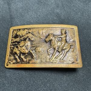 Vintage Western Cowboy Rodeo Belt Buckle Horse Steer Roping Scene Brass Tone